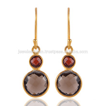 Beautiful Smocky Quartz &amp; Grenat avec boucles d&#39;oreilles en argent plaqué or